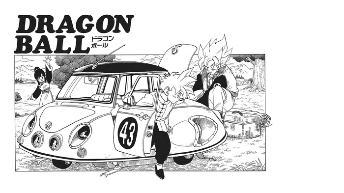 Dragon Ball: Gohan, Goku, and Chi-Chi with a car