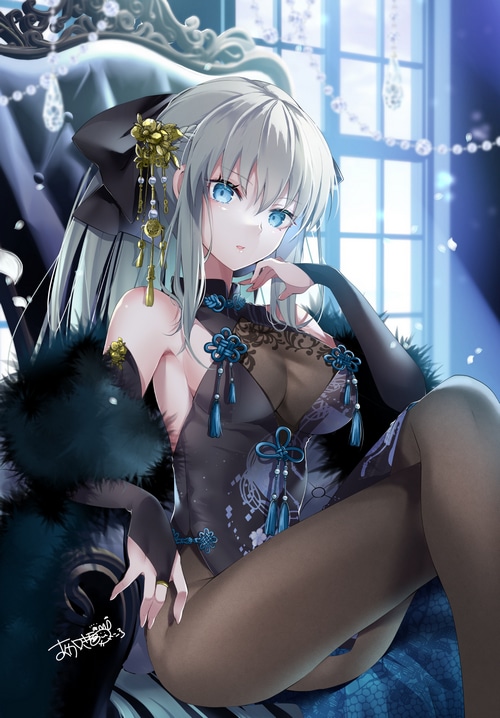 Morgan le Fay in a black dress, Fate/Grand Order fan art