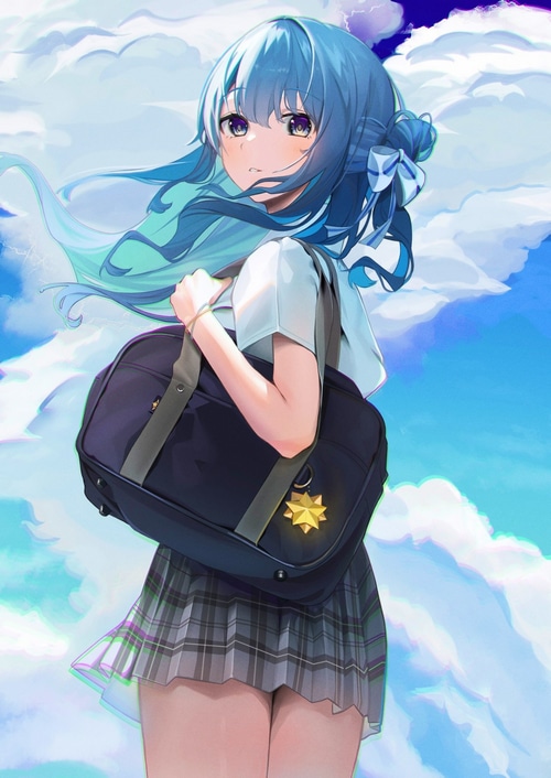 Hoshimachi Suisei with blue hair and school bag