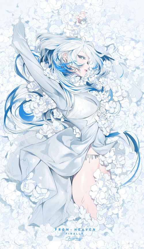 Anime girl with blue hair lying in white flowers