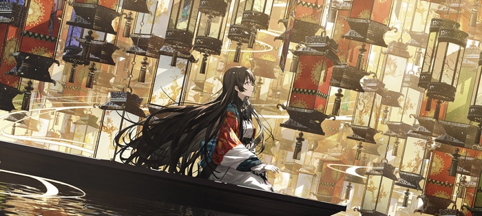 Girl in a boat surrounded by lanterns