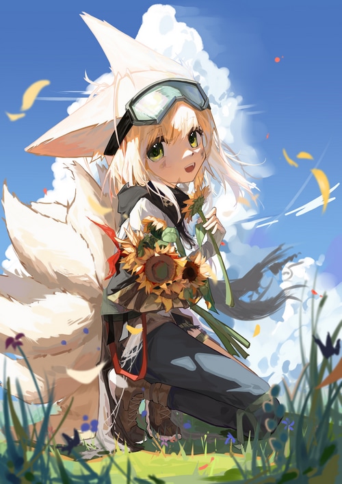 Arknights Fox Girl Holding Sunflowers Under Blue Sky