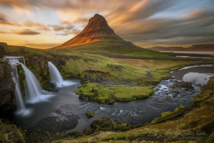 Kirkjufell mountain and waterfall at sunset