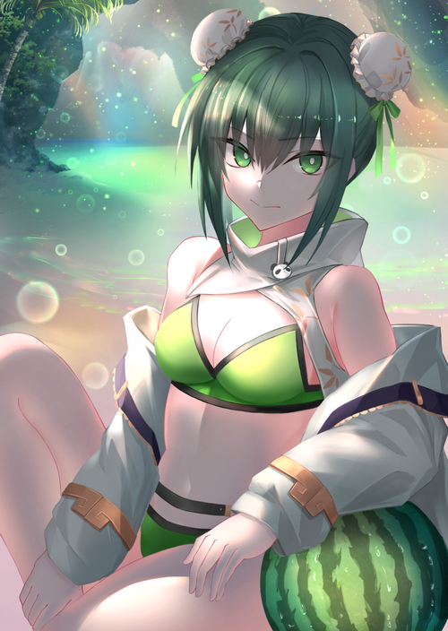 Qin Liangyu in a bikini with a watermelon
