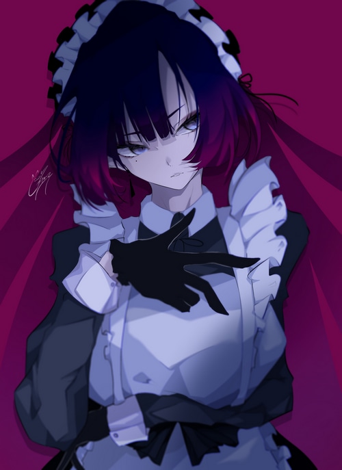 Maid with purple-tipped hair in a maid outfit