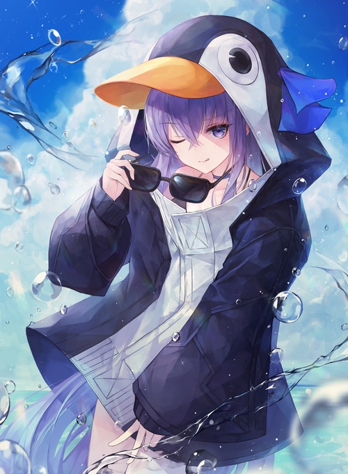 Girl in penguin hoodie with sunglasses
