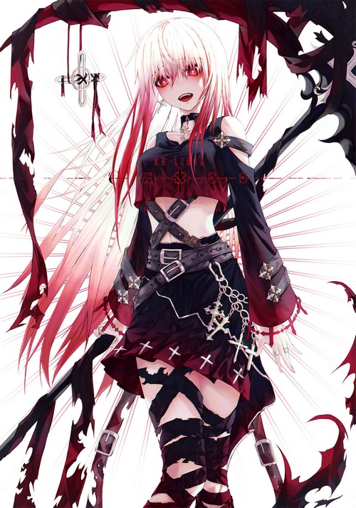 Anime girl with red eyes and cross accessories