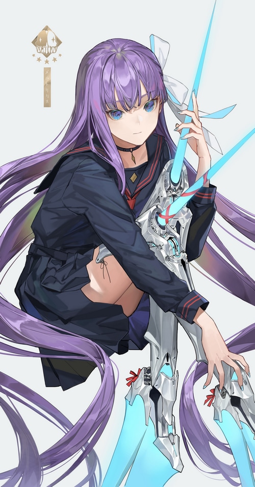 Anime girl with purple hair and blue eyes