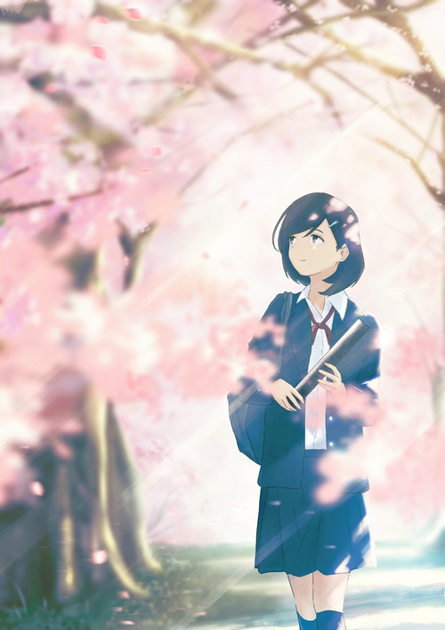 Girl in school uniform under cherry blossoms