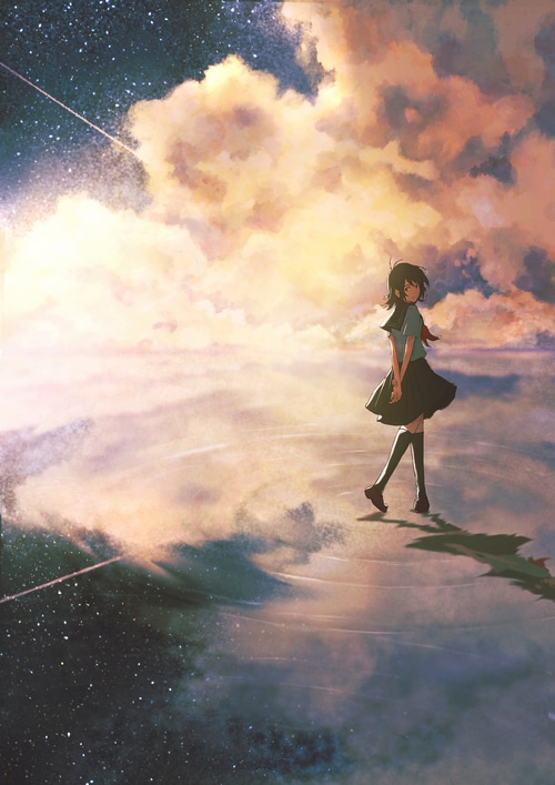 Girl in school uniform looking back at starry sky and clouds