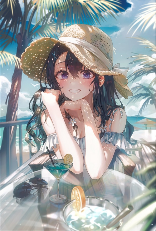 Girl in straw hat with cocktails at the beach
