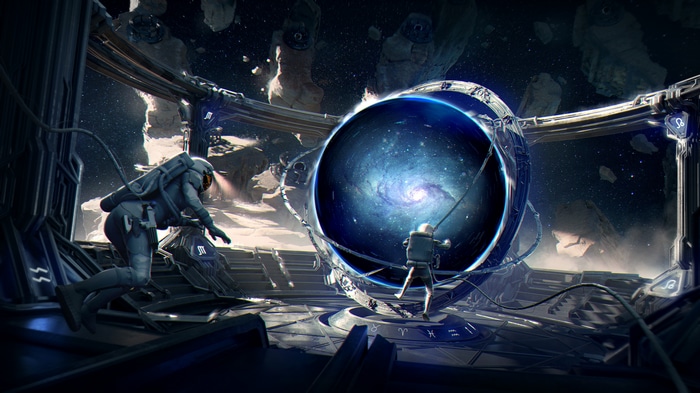 Astronauts interact with a cosmic portal in space