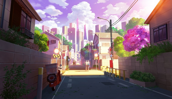 Anime cityscape with buildings and trees