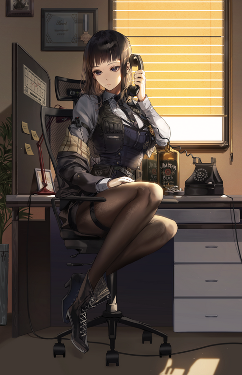 Woman in police costume on the phone
