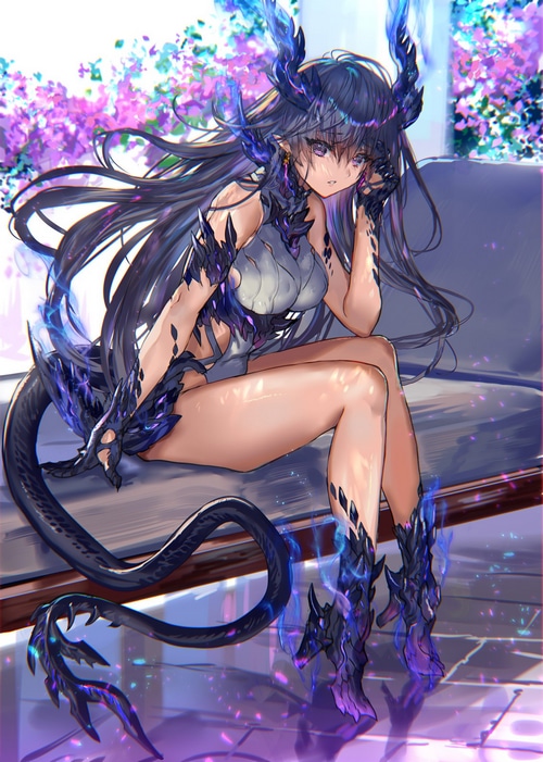 Dragon girl with horns and tail sitting on a couch