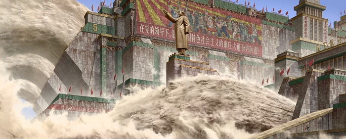 Artwork of a communist city with a statue and sandstorm