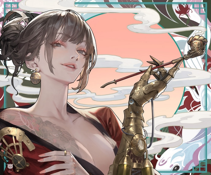 Anime girl with steampunk arm smoking a pipe