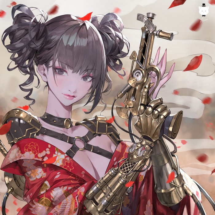 Steampunk girl with a golden gun and red dress