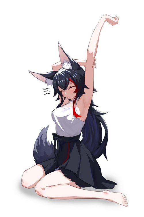 Ookami Mio stretching with fox ears and tail