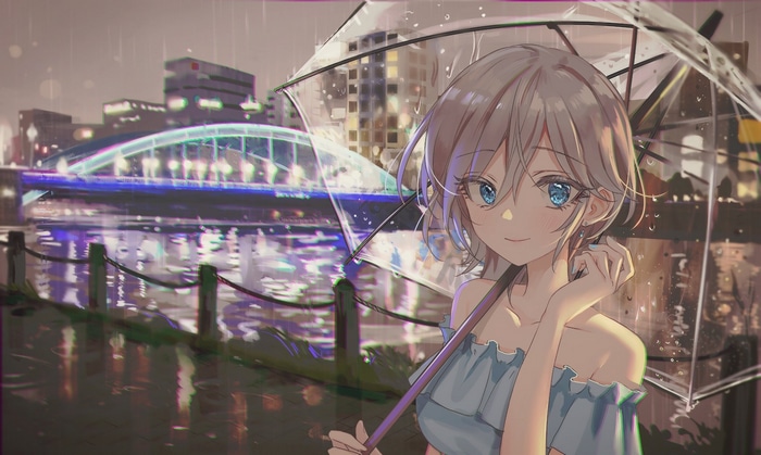 Anime girl with umbrella in the rain
