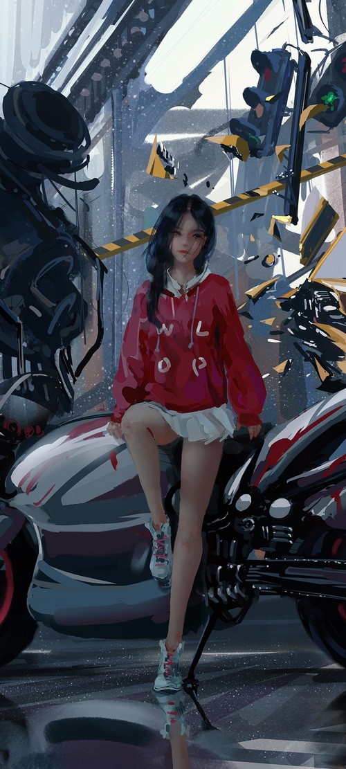 Anime girl in red sweater on a motorcycle