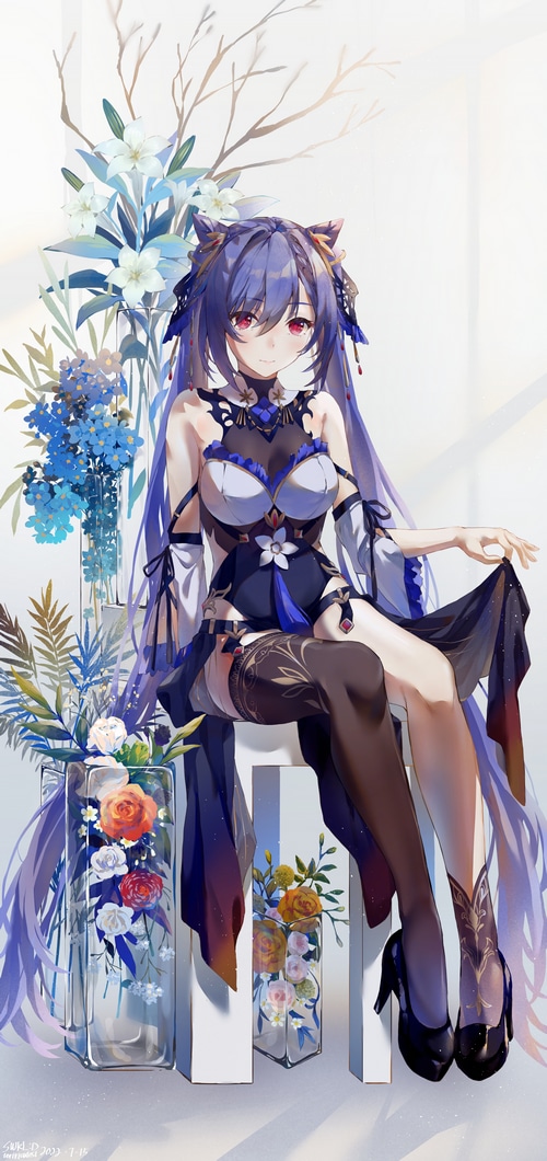 Keqing from Genshin Impact with flowers