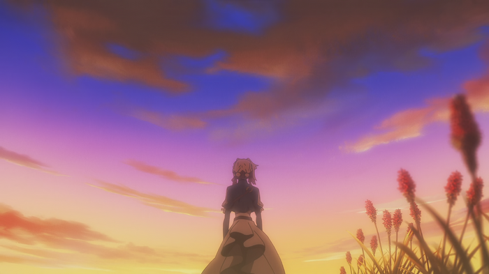 Violet Evergarden standing in a field at sunset