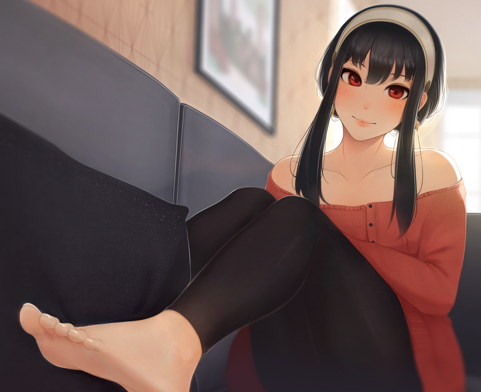 Yor Forger from Spy x Family relaxing on a couch