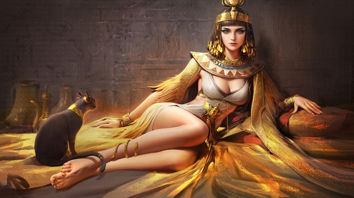 Cleopatra with a cat in Egyptian attire