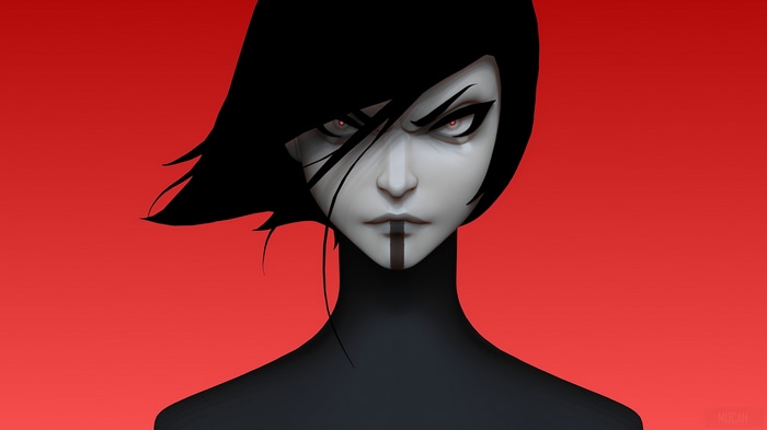 4K minimalist portrait of a character with red eyes