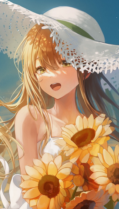 Anime girl with blonde hair and sunflowers