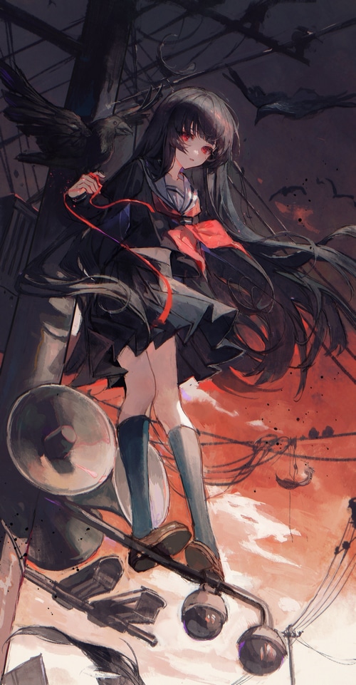 Jigoku Shoujo with crows and school uniform