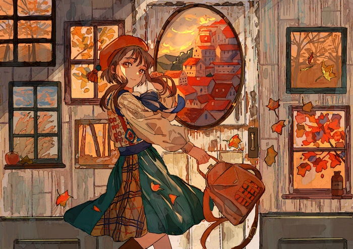 Girl in hat with backpack and autumn leaves