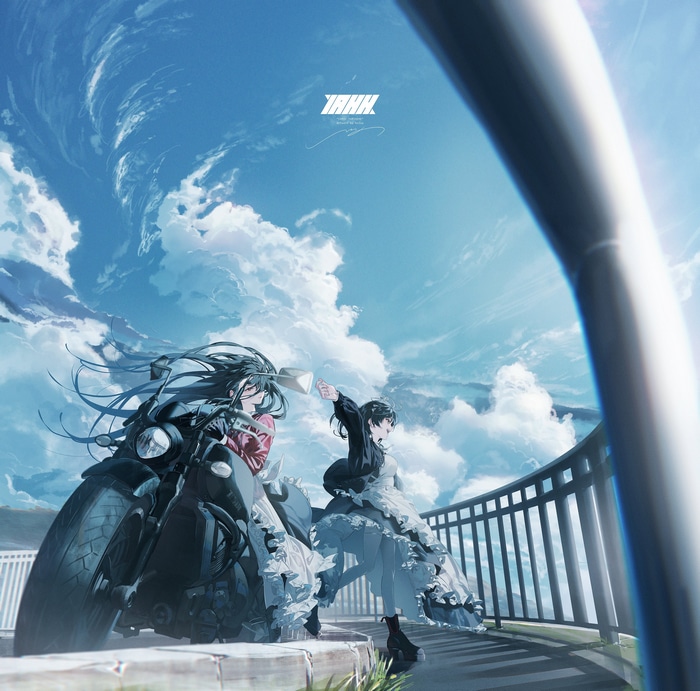 Two girls on a motorcycle under a cloudy sky