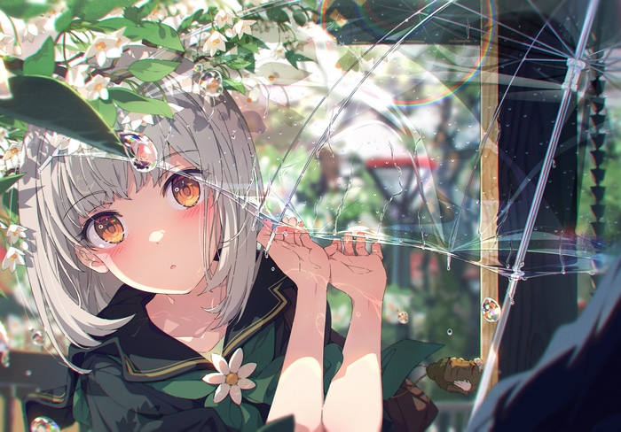 4K Anime Girl with Yellow Eyes Under Umbrella