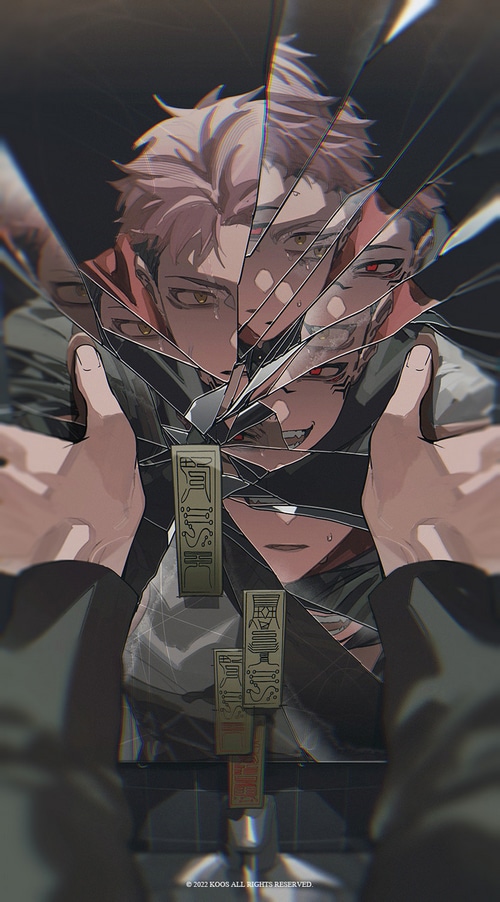 Yuji Itadori reflected in broken glass