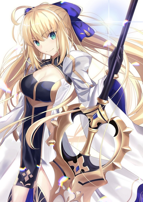 Artoria Caster from Fate/Grand Order holding a weapon