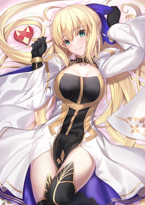Artoria Pendragon Caster from Fate/Grand Order holding a heart-shaped candy