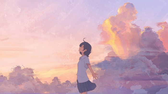 4K anime girl in sunset clouds