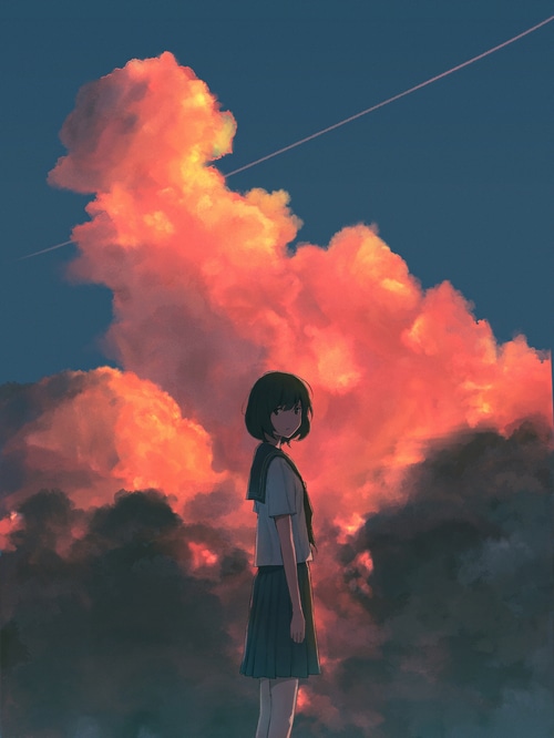 Anime girl in school uniform against sunset clouds