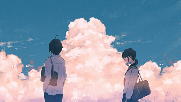 Anime boy and girl looking at clouds
