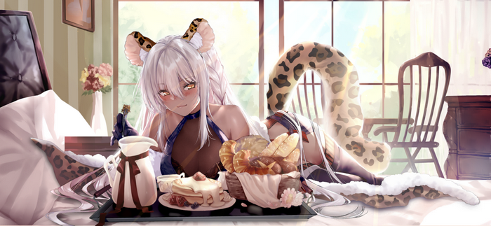 Anime girl with animal ears and tail with breakfast