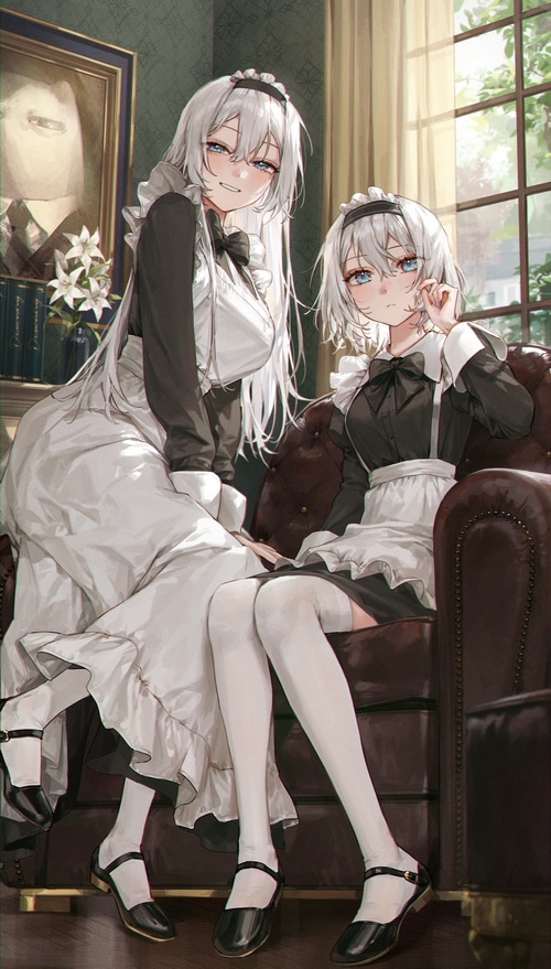 Two maids with white hair and blue eyes in a room