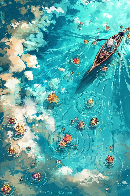 Artwork of a person in a boat on water with lanterns