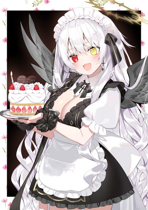 Anime girl in maid outfit holding a birthday cake
