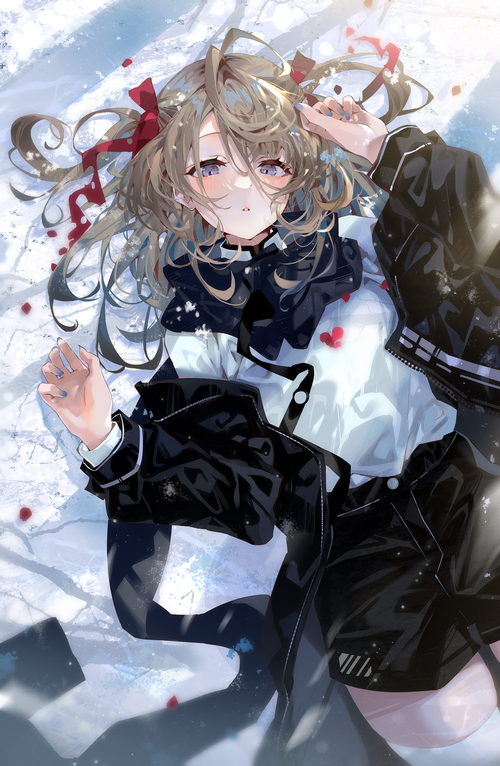 Arutera lying in the snow with red ribbons