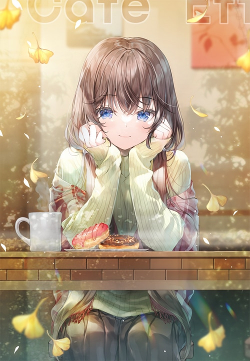 Anime girl with blue eyes and donuts at a cafe