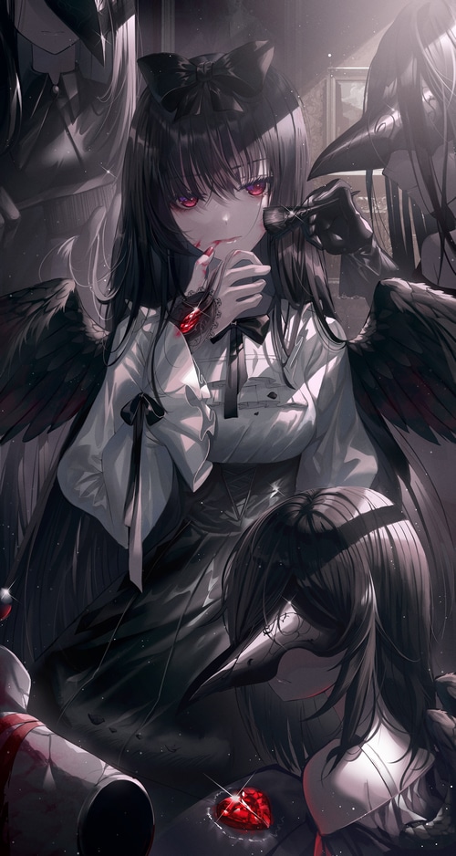 Girl with black wings and red eyes applying makeup