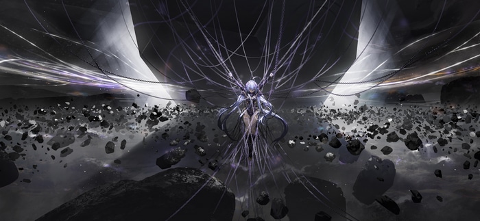 Chained figure in a rocky, cosmic landscape