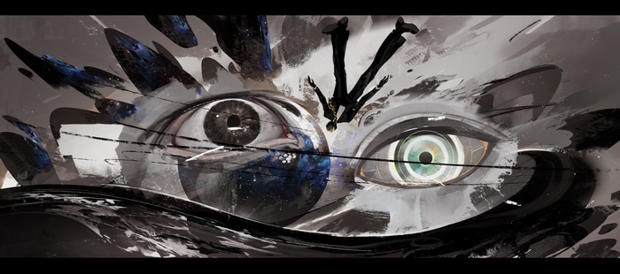 Artwork of eyes and a falling figure